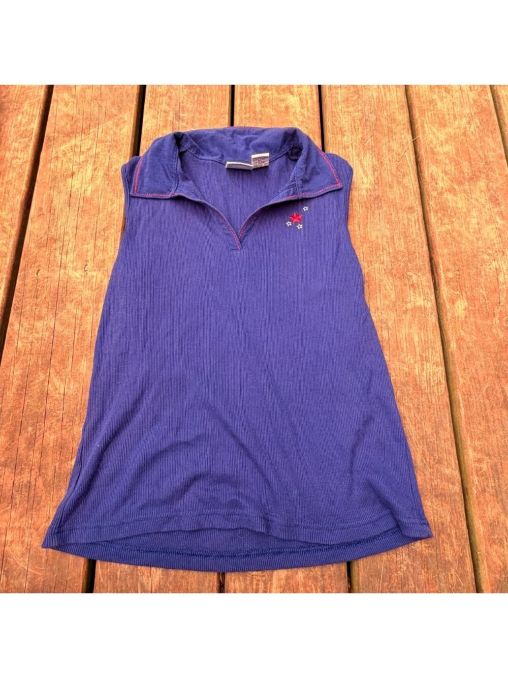 Vintage Navy Blue Sleeveless Polo Top With Red Star Embroidery Size M